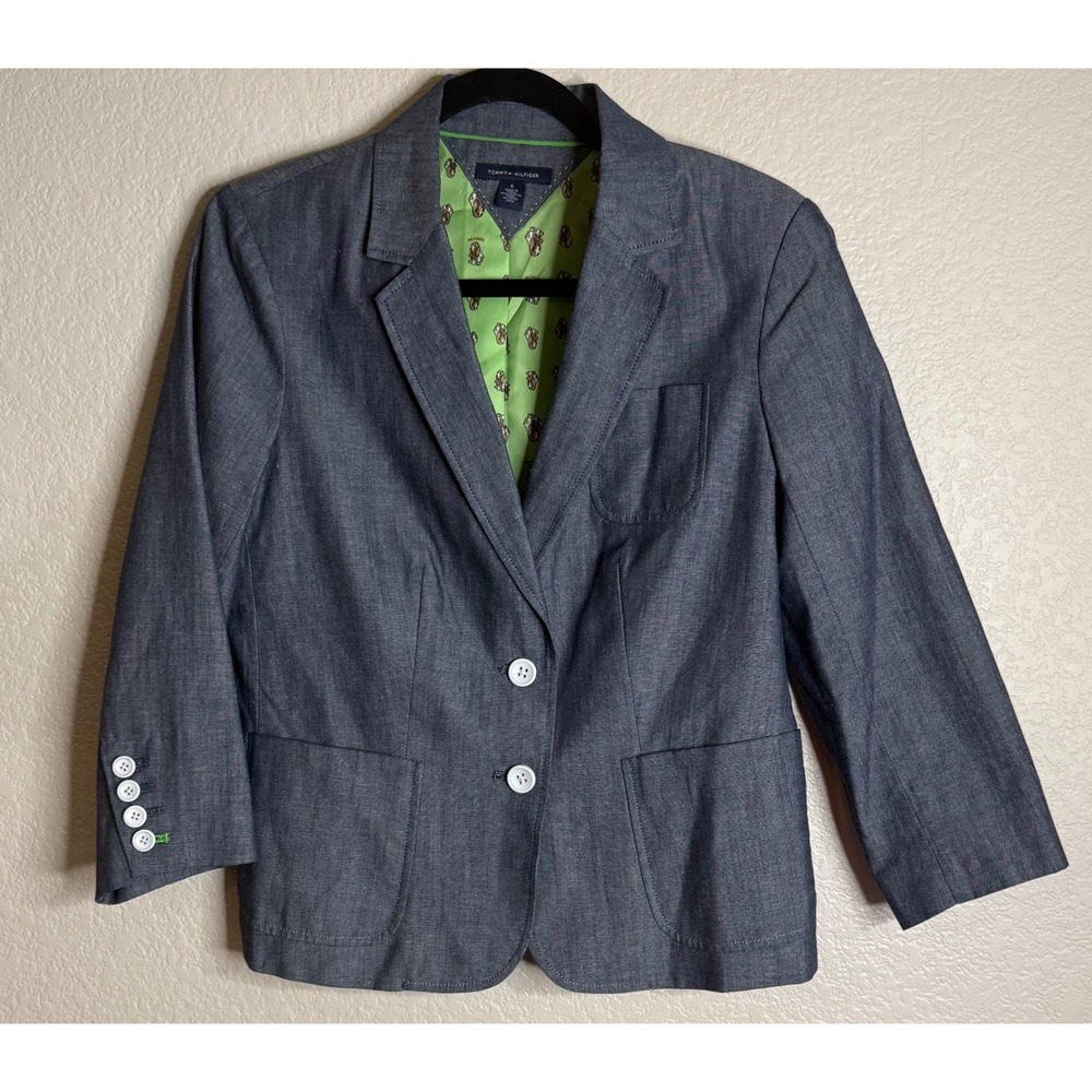 Tommy Hilfiger Womens 6 Blue Chambray Blazer Basset Hound Lining Preppy Western
